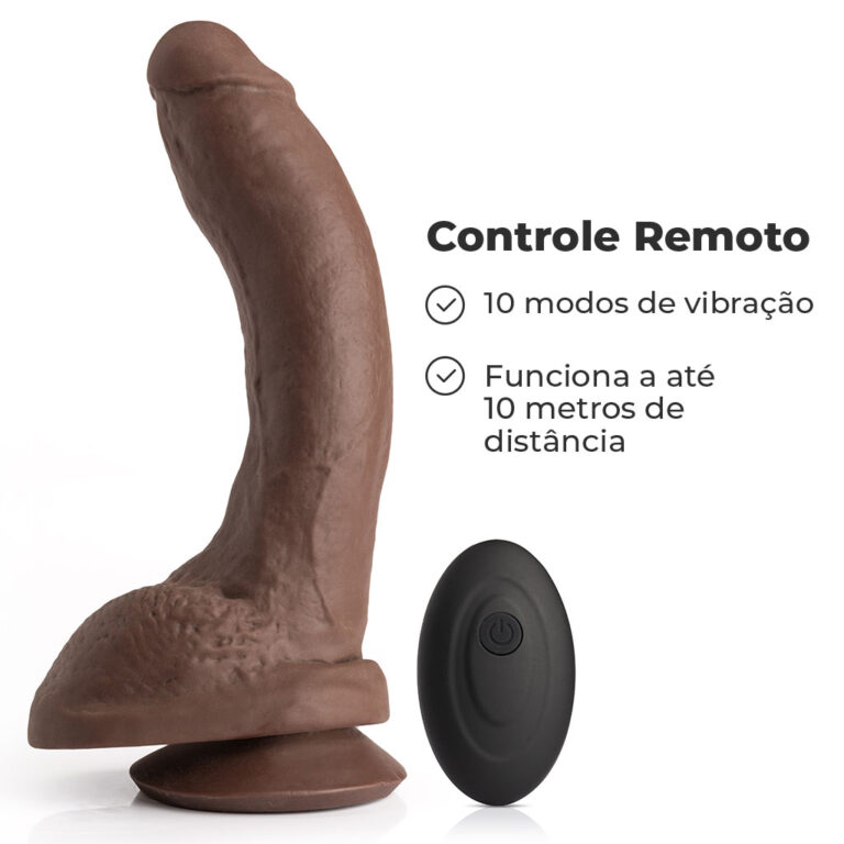 Pênis Grande 22cm x 4,5cm Recarregável com Vibração e Controle Remoto Realista Cyberskin Marrom com Ventosa e Escroto - Imagem 10