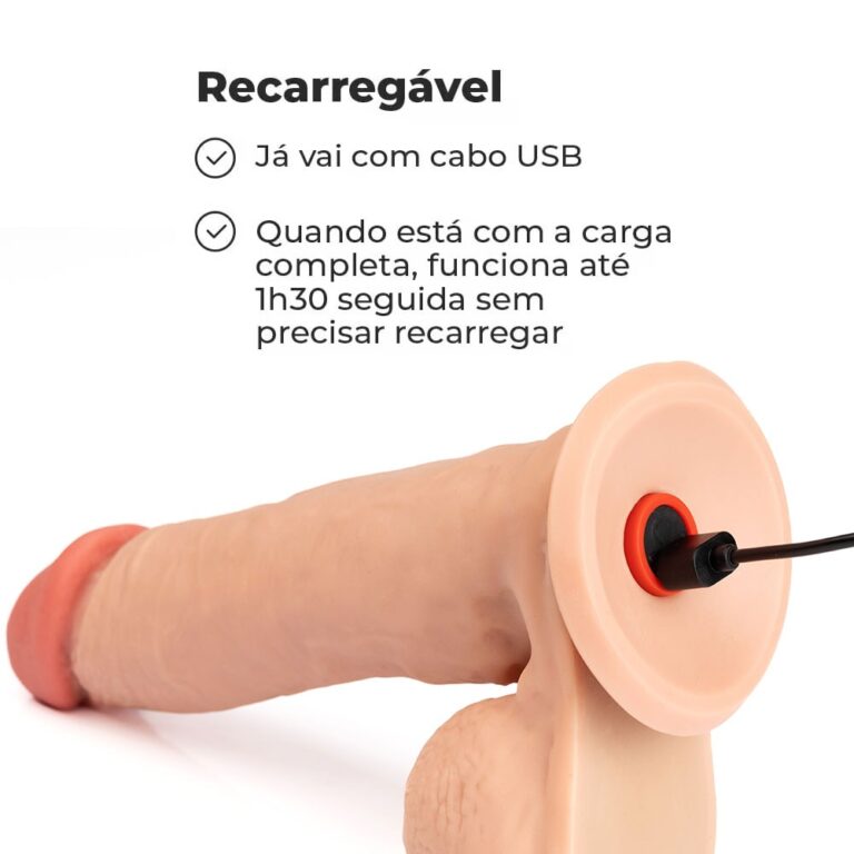 Pênis Grande 19,5cm x 4cm Recarregável com Vibração e Controle Remoto Realista Cyberskin Bege com Ventosa e Escroto - Imagem 10