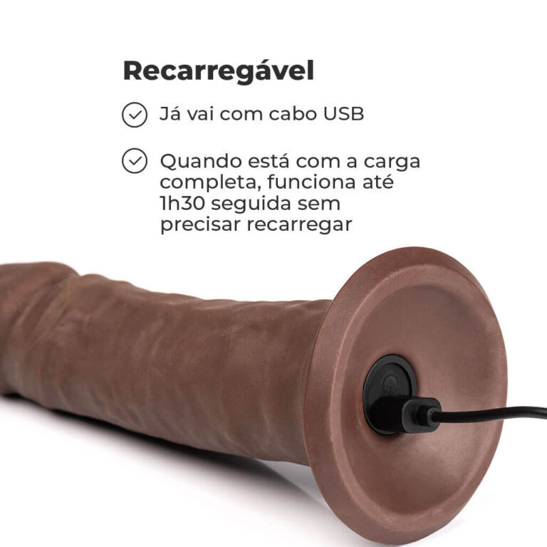 Pênis Grande 17cm x 4,5cm Recarregável com Vibração e Controle Remoto Realista Cyberskin Marrom com Ventosa - Imagem 12