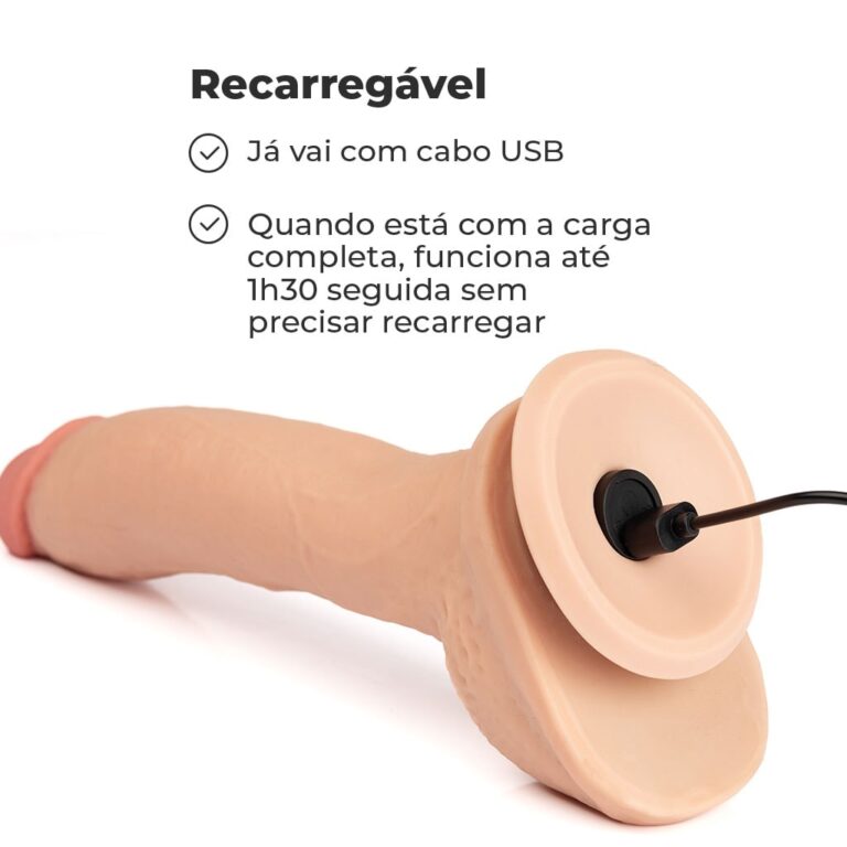 Pênis Grande 22cm x 4,5cm Recarregável com Vibração e Controle Remoto Realista Cyberskin Bege com Ventosa e Escroto - Imagem 11