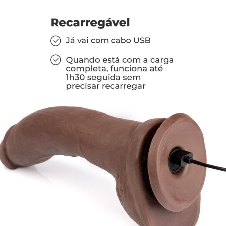 Pênis Grande 22cm x 4,5cm Recarregável com Vibração e Controle Remoto Realista Cyberskin Marrom com Ventosa e Escroto - Imagem 11