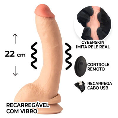 Pênis Grande 22cm x 4,5cm Recarregável com Vibração e Controle Remoto Realista Cyberskin Bege com Ventosa e Escroto