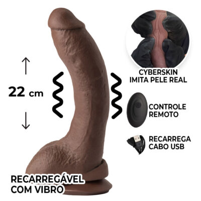 Pênis Grande 22cm x 4,5cm Recarregável com Vibração e Controle Remoto Realista Cyberskin Marrom com Ventosa e Escroto