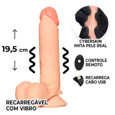 Pênis Grande 19,5cm x 4cm Recarregável com Vibração e Controle Remoto Realista Cyberskin Bege com Ventosa e Escroto