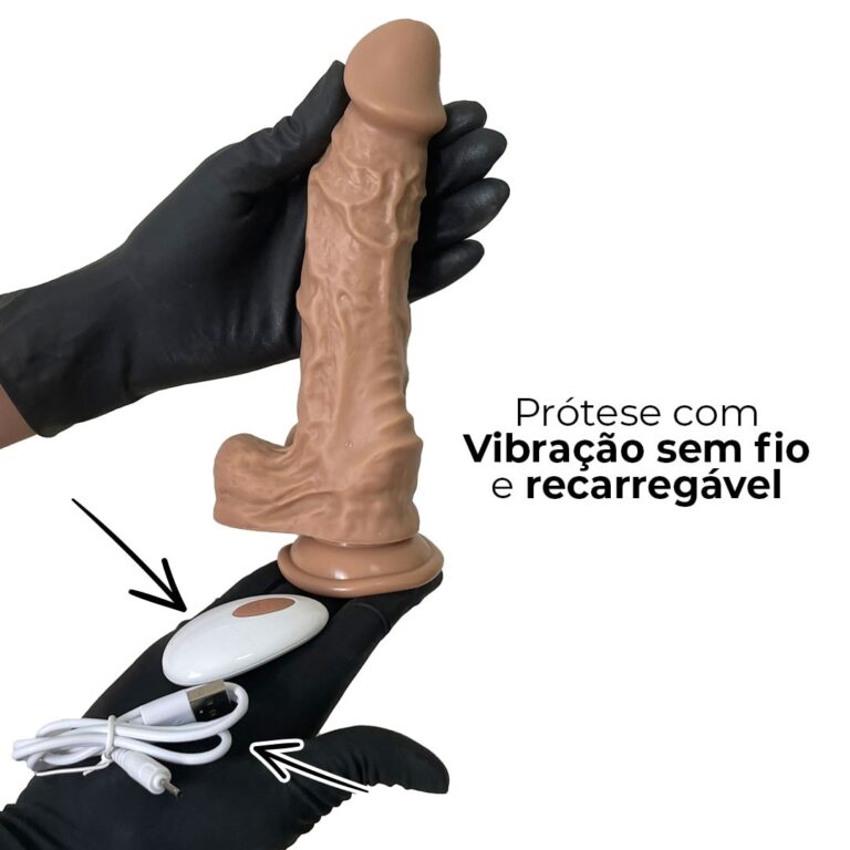 Pênis Grande 19cm x 4cm Recarregável com Vibração e Controle Remoto Realista Cyberskin com Ventosa e Escroto - Imagem 7