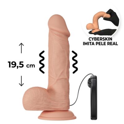 Pênis Grande 19,5cm x 3,5cm Realista Cyberskin Bege com Vibro, Escroto e Ventosa