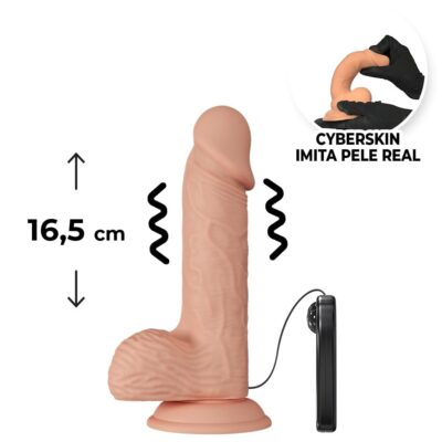 Pênis Médio 16,5cm x 3,5cm Realista Cyberskin Bege com Vibro, Escroto e Ventosa