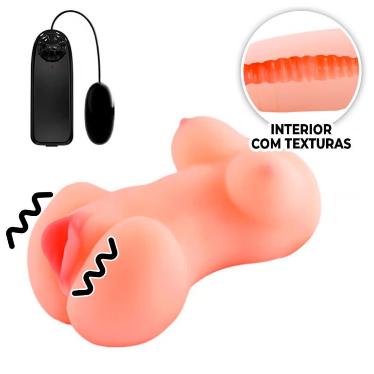 Masturbador masculino com seios e vagina com túnel interno texturizado com Vibração 16,5cm x 9,5cm