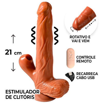 Pênis Grande 21cm x 3,5cm Recarregável Rotativa com Estimulador Clitoriano com Ondas de Pressão Cyberskin com Ventosa e Escroto