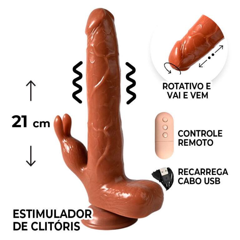 Pênis Grande 21cm x 3,5cm Recarregável com Vibração e estimulador de Clitóris com Controle Remoto Realista Cyberskin com Ventosa e Escroto