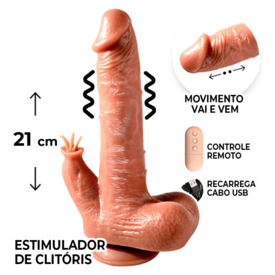 Pênis Grande 21cm x 3,5cm Recarregável com Vibração e estimulador de Clitóris com Controle Remoto Realista Cyberskin com Ventosa e Escroto