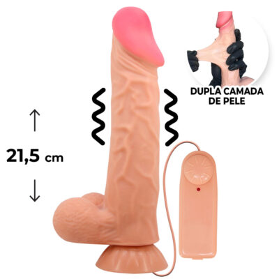 Pênis Realista Grande 21,5cm x 4cm Dupla Camada (Pele que estica) Com vértebra e Vibração Bege