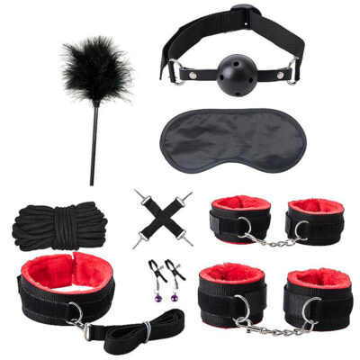 Kit Sado em Pelúcia e Velcro com 9 itens Preto e Vermelho