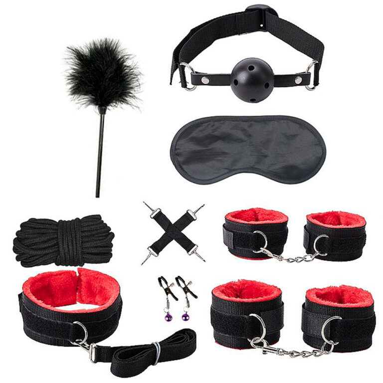 Kit Sado em Pelúcia e Velcro com 9 itens Preto e Vermelho