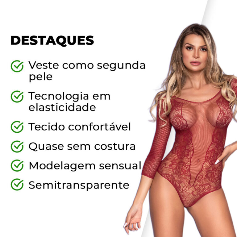 Body Arrastão com Mangas Longas e Detalhes Florais - Imagem 3