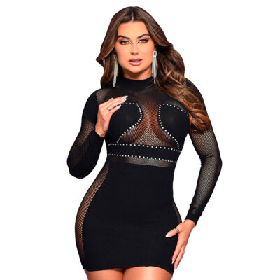 Vestido Arrastão com Strass e Mangas Longas