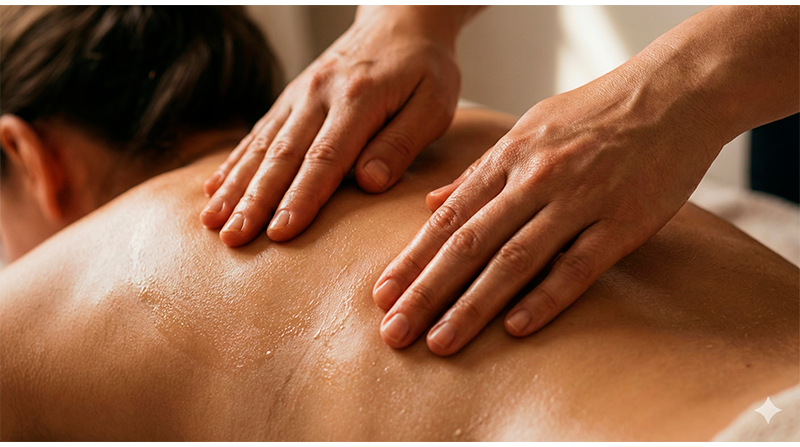 Mãos femininas aplicando óleo de massagem nas costas de uma mulher à luz de velas
