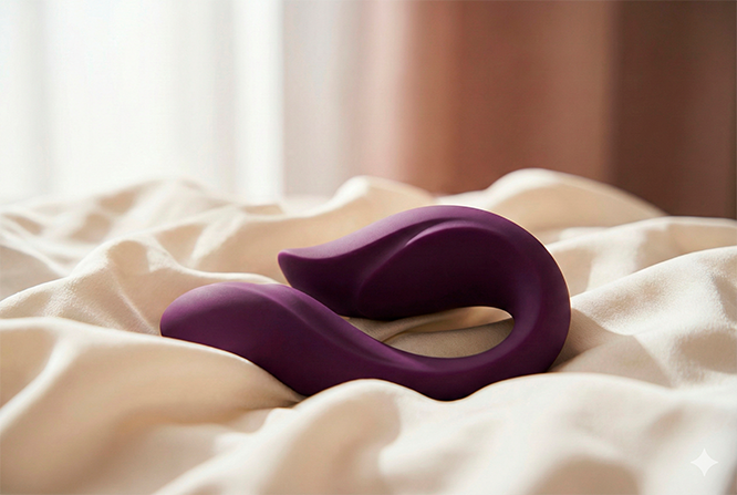 Acessório de silicone roxo com design moderno sobre lençol de seda, sem realismo excessivo
