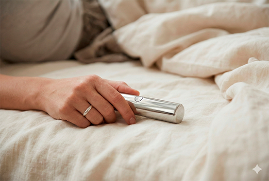 Mão feminina segurando um pequeno vibrador bullet prateado discreto