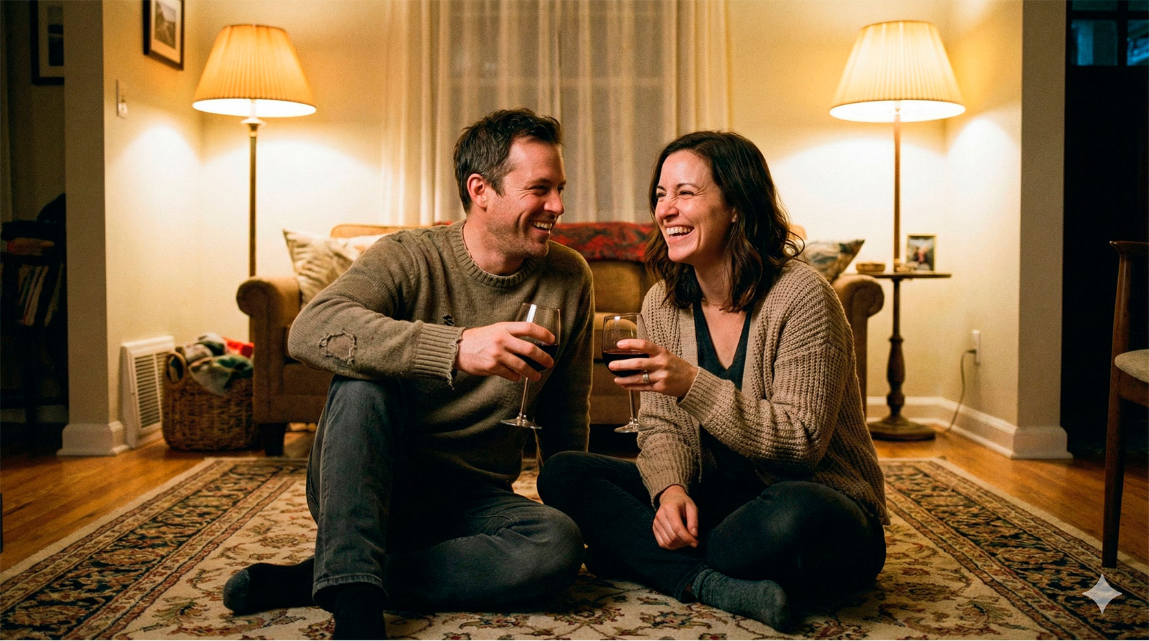 O casal conversando, vinho na mão, sentados no chão da sala. Risadas leves. Mostra que o tema pode ser tratado com leveza e amizade.