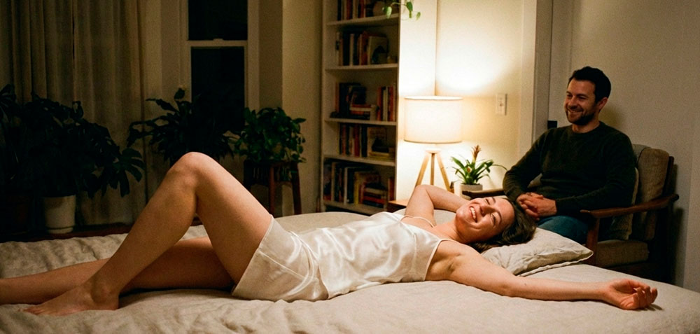 o marido está no canto do quarto observando a esposa deitada na cama. Ela está se sentindo feliz e está de pijama minimalista. O marido está olhando apaixonado para ela