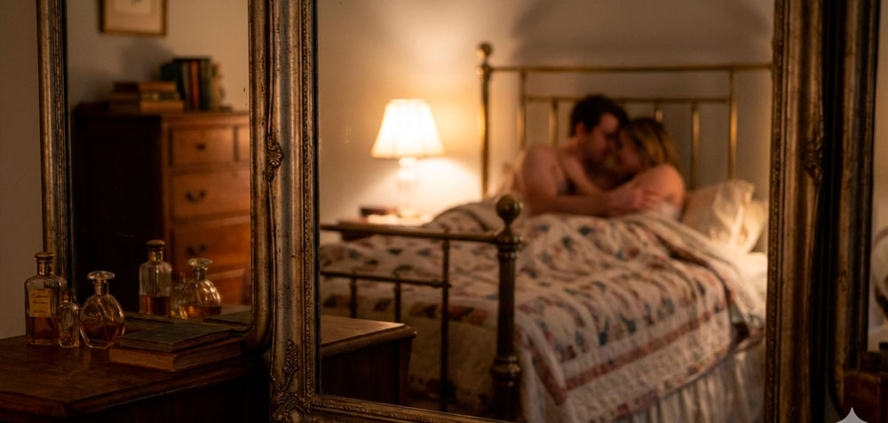 Um espelho no quarto refletindo o casal na cama. O reflexo mostra a intimidade, sugerindo que eles estão se assistindo.