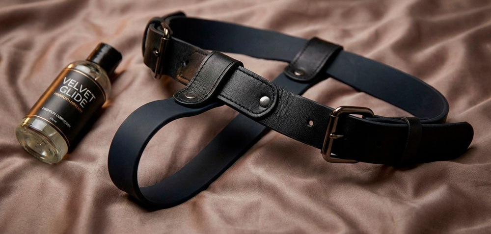 A Cinta (Harness) sobre a cama, ao lado de um frasco de lubrificante elegante. Foco na robustez das fivelas e na estabilidade do material, mostrando que é um equipamento seguro.
