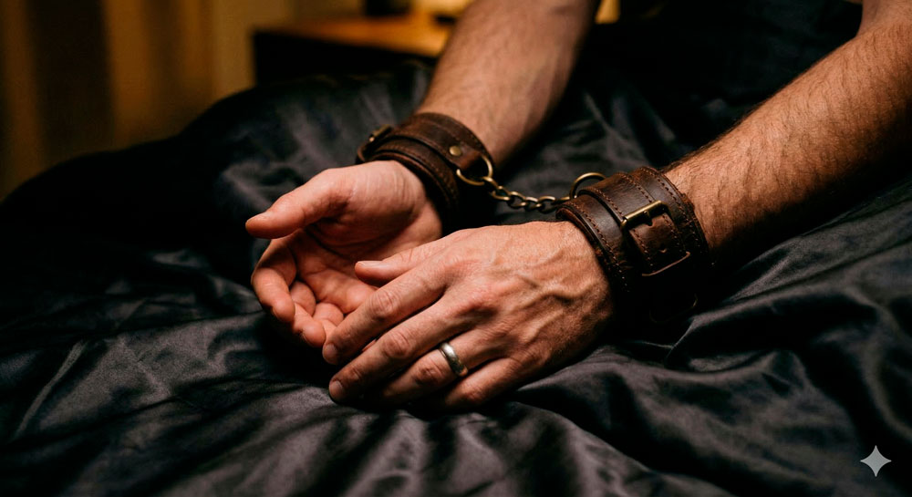 Close-up das mãos de um homem algemadas com algemas de couro de alta qualidade, repousando sobre lençóis de seda escura. A postura transmite relaxamento e alívio. Iluminação quente e suave, alto contraste, fotografia artística.