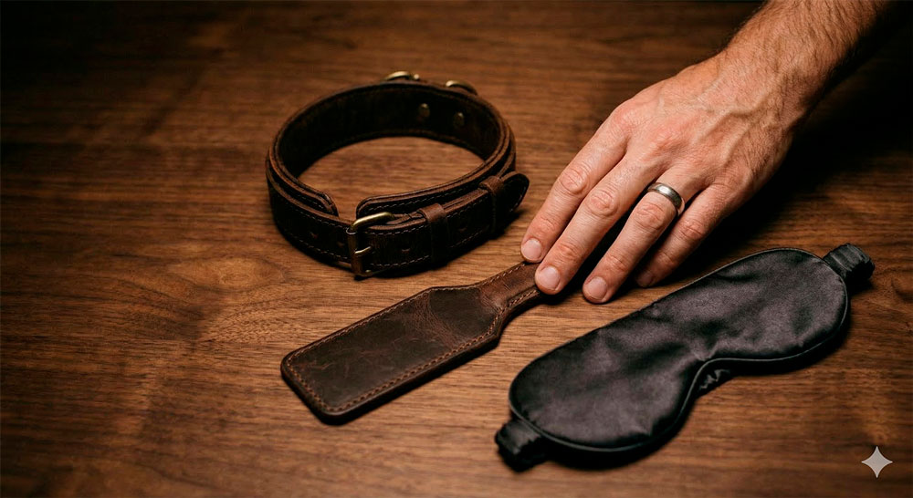 Elegante composição de acessórios BDSM: uma coleira de couro, uma venda de seda e uma pequena palmatória de couro sobre uma superfície de madeira escura. Estilo minimalista de boutique adulta, iluminação intimista.
